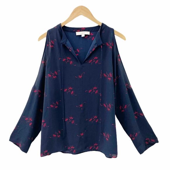Loft Tie Neck Cold Shoulder Floral Top Size Medium - Picture 1 of 8
